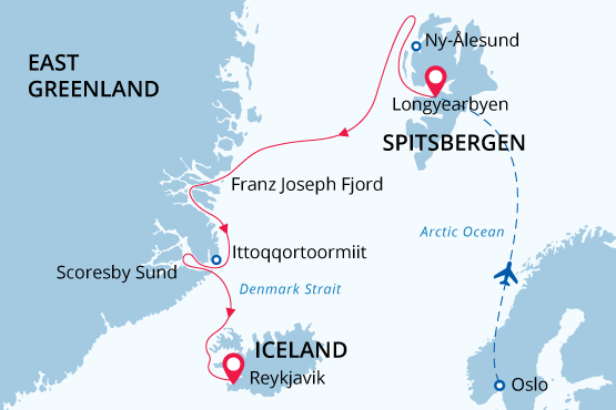 Svalbard, Greenland & Iceland map route